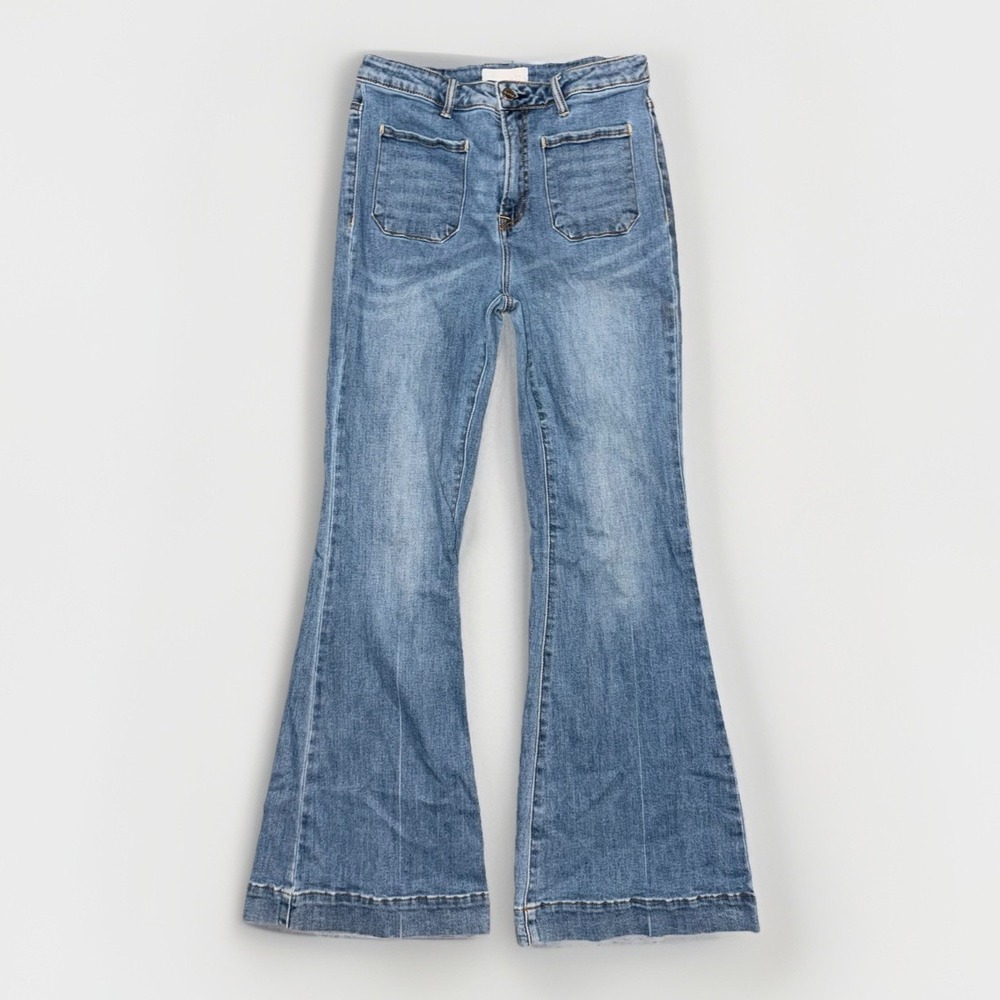Risen Jeans Womens 11/30 Blue Wash High Rise Patch Front Pockets Flared Wide Leg - Picture 1 of 12